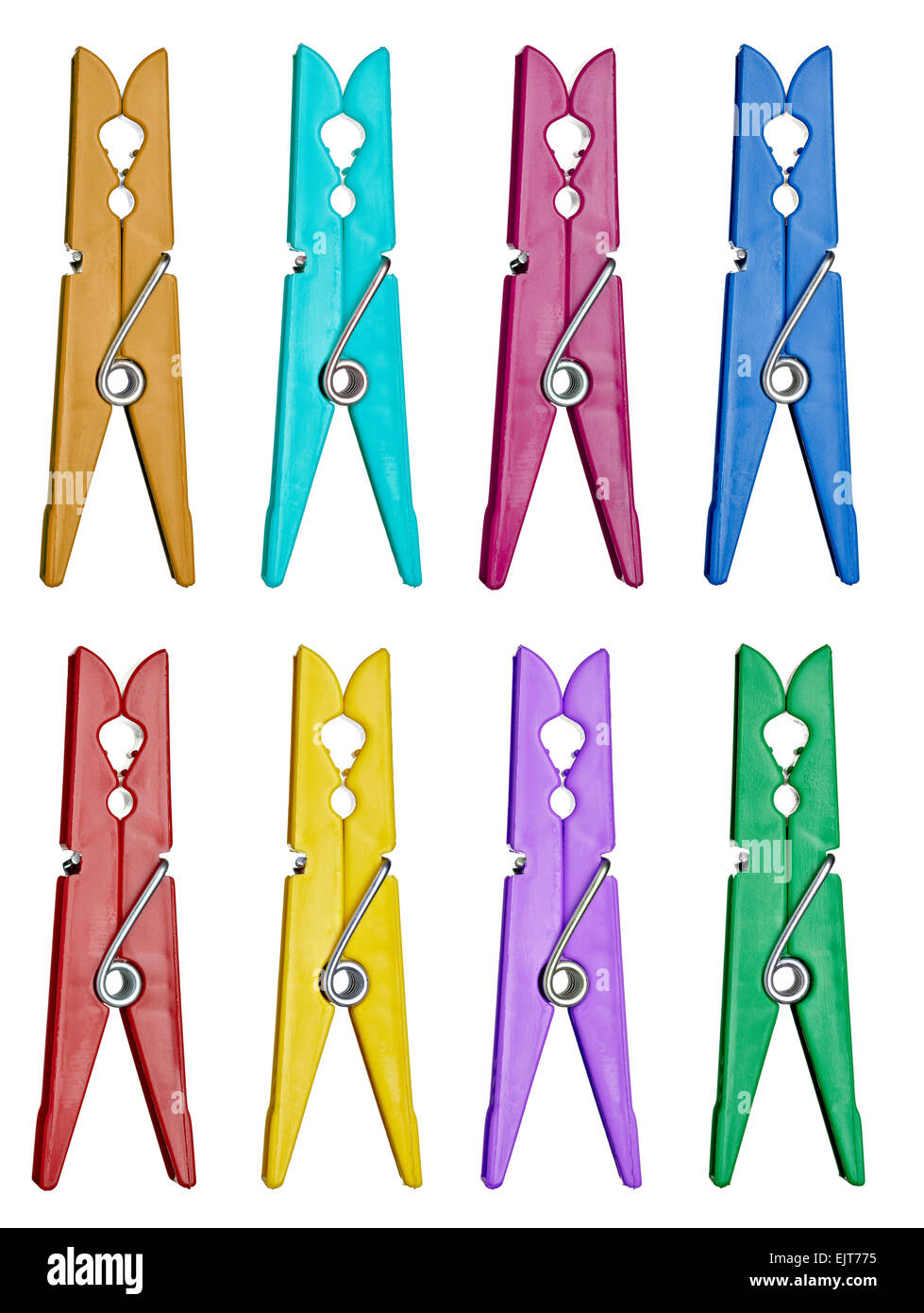 collection of various clothes pegs on white background. each one is shot separately Stock Photo