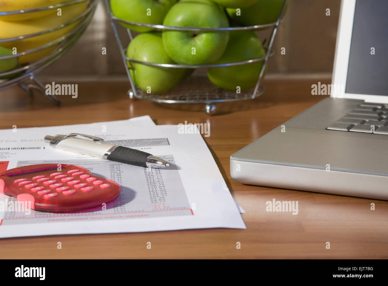 home finance and accounts using a bank statement,calculator and laptop ...