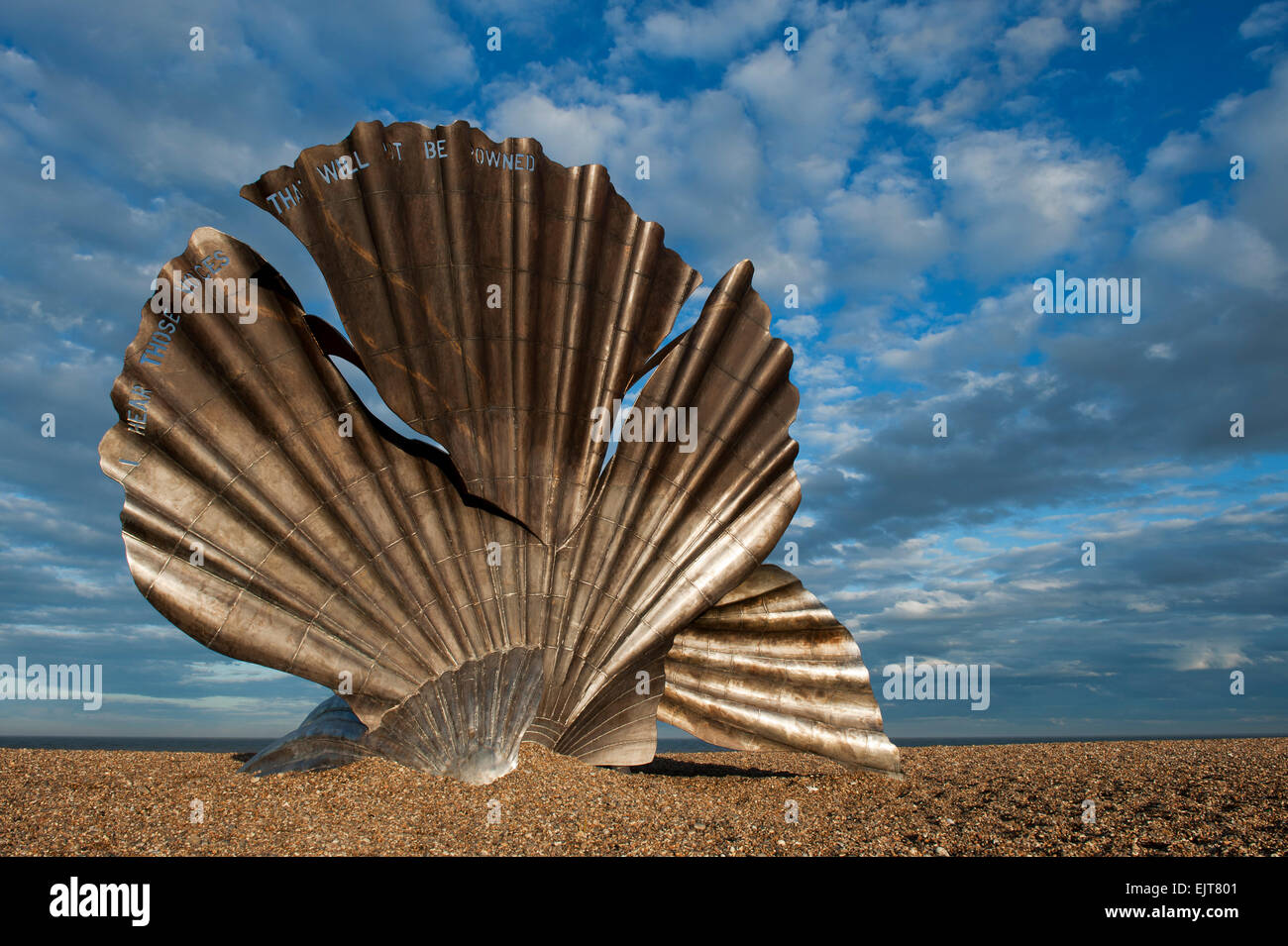 The scallop, a sculpture  to celebrate Benjamin Britten by Maggi Hambling, beach of Aldeburgh Suffolk England UK Europe Stock Photo