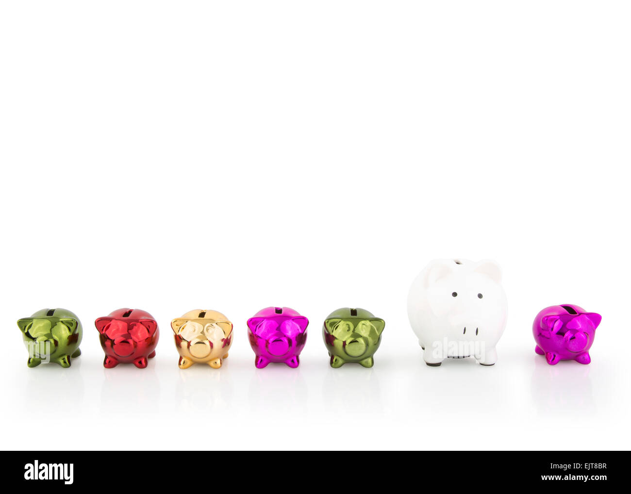 group of coloured Piggy Banks in a row with one white Stock Photo - Alamy