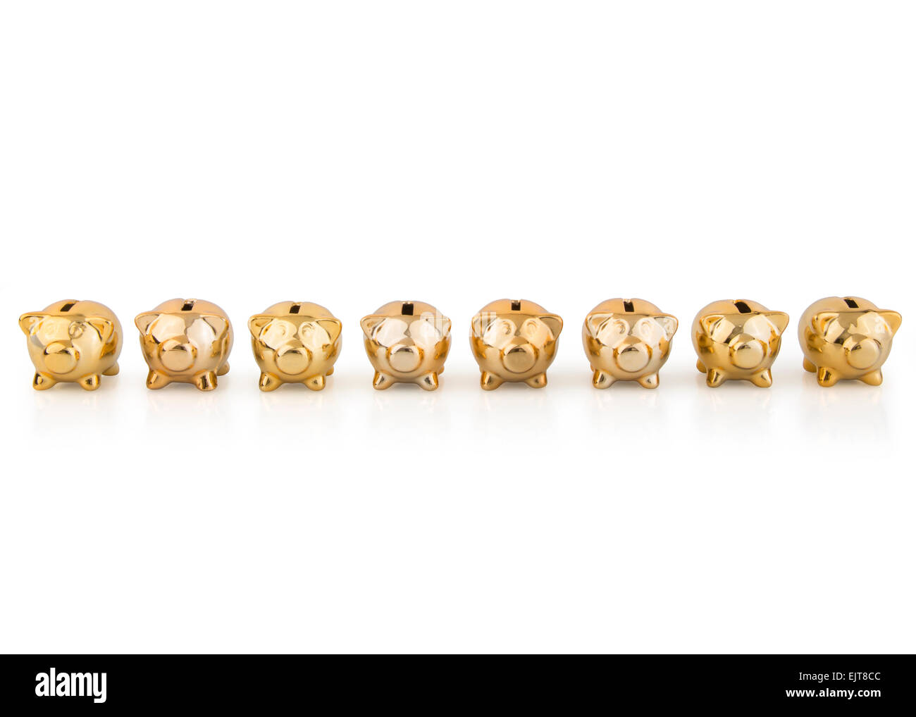 group of gold Piggy Banks in a row Stock Photo - Alamy
