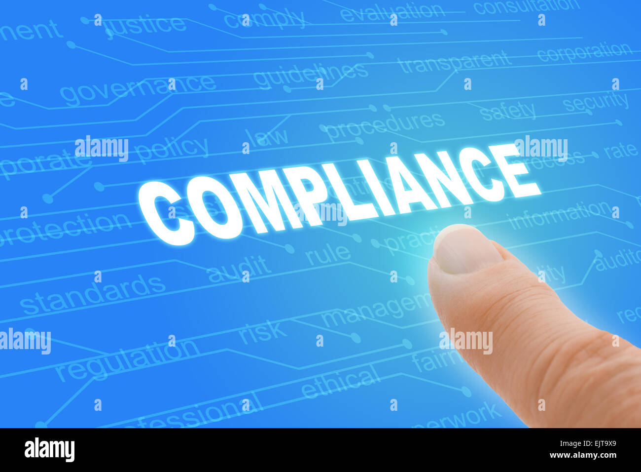 Compliance Regulations Computer Words with Finger Closeup Stock Photo