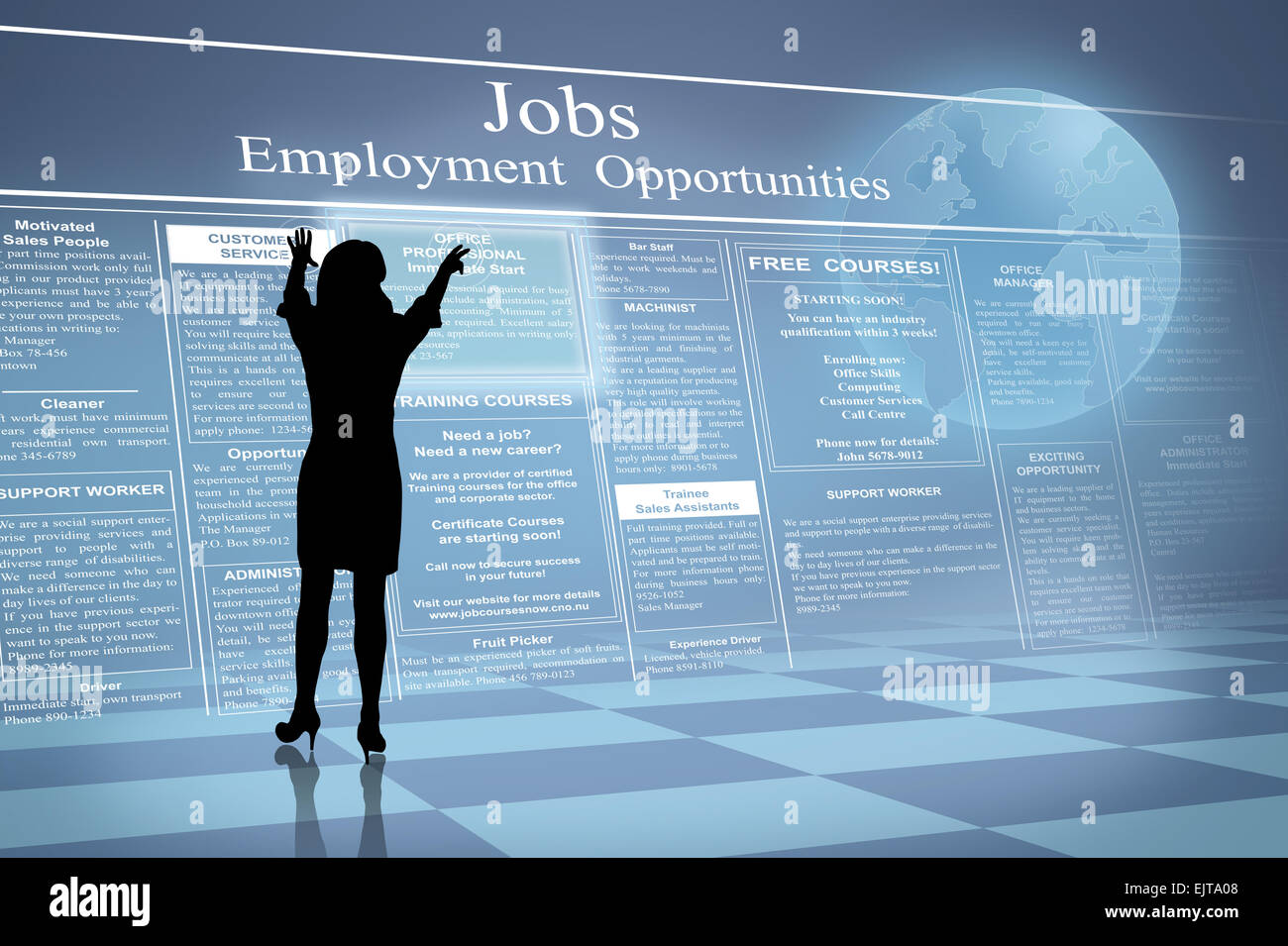 Silhouette of job hunting future business woman reading job ads beside earth globe Stock Photo