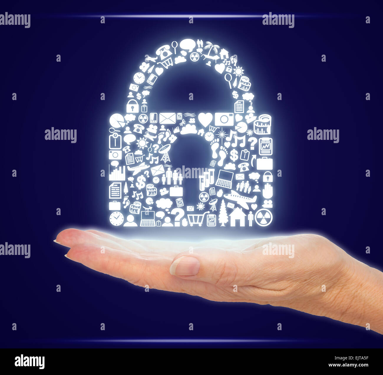 Hand Holding Computer Icons in a Security Padlock Shape Stock Photo