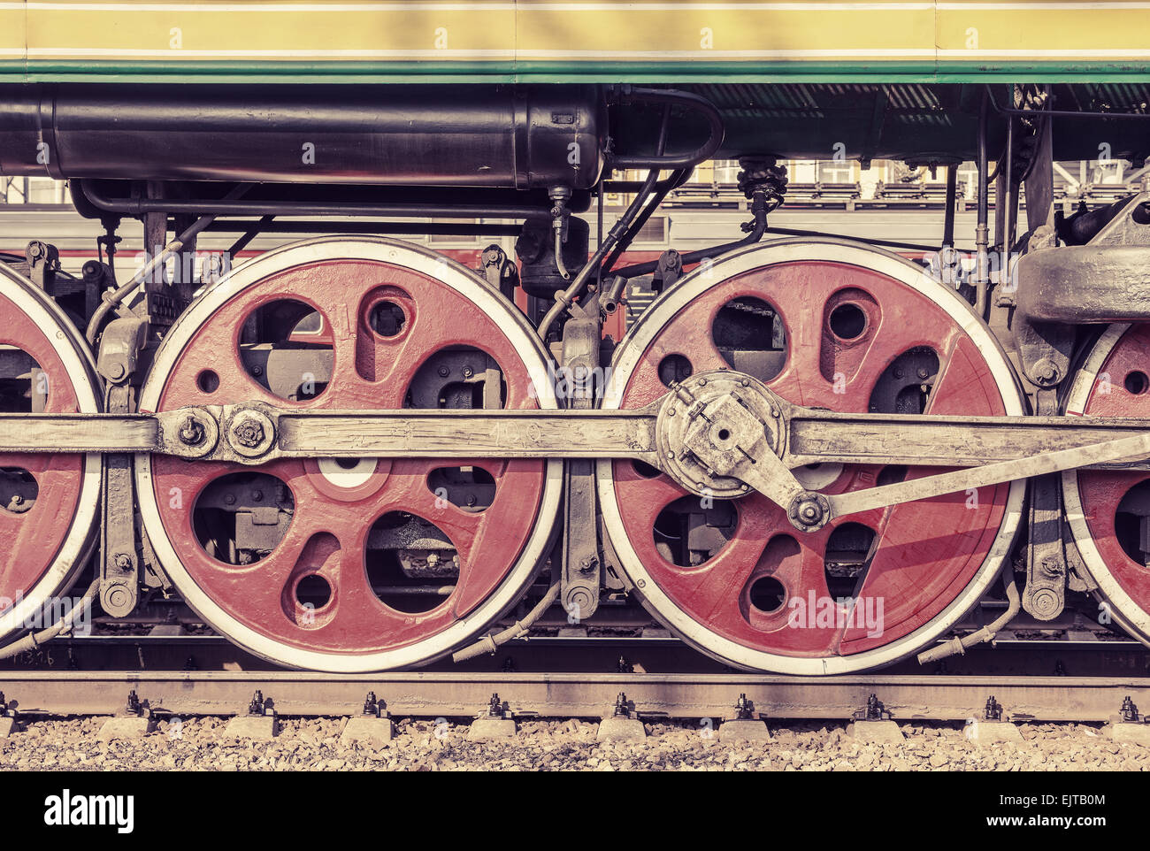 Mechanical part and wheels of the retro steam locomotive. Stock Photo