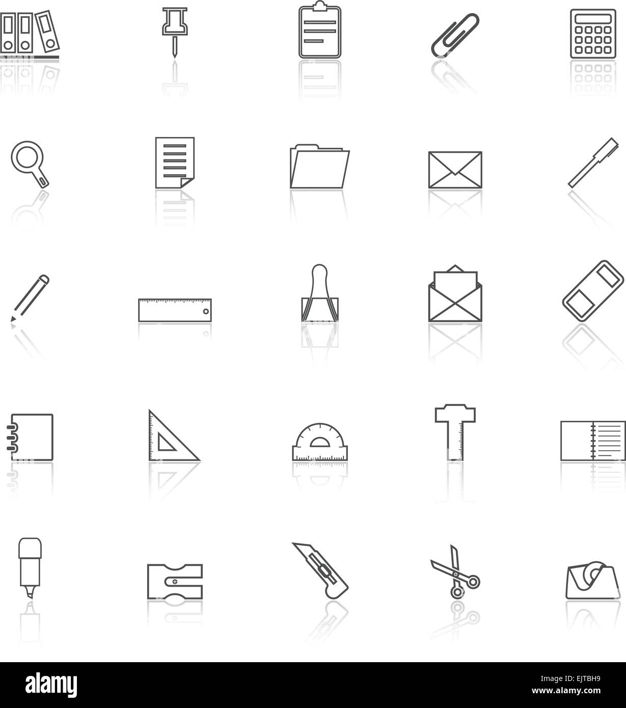Stationery line icons with reflect on white background, stock vector ...
