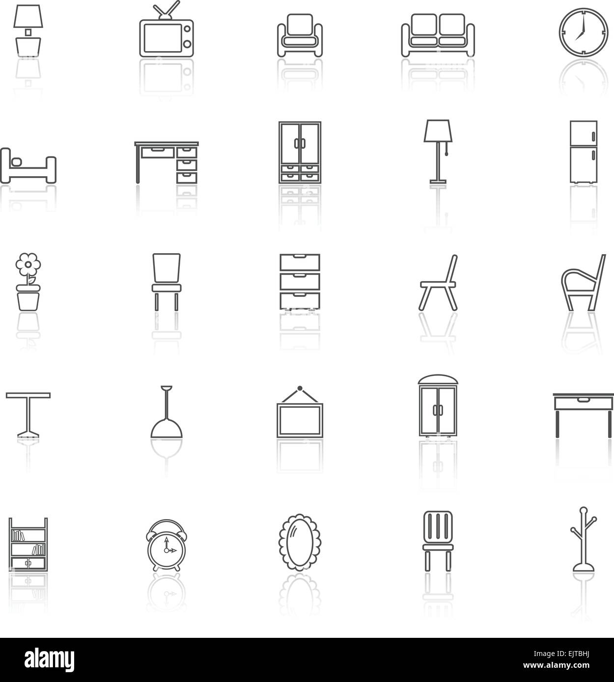 Furniture line icons with reflect on white background, stock vector ...