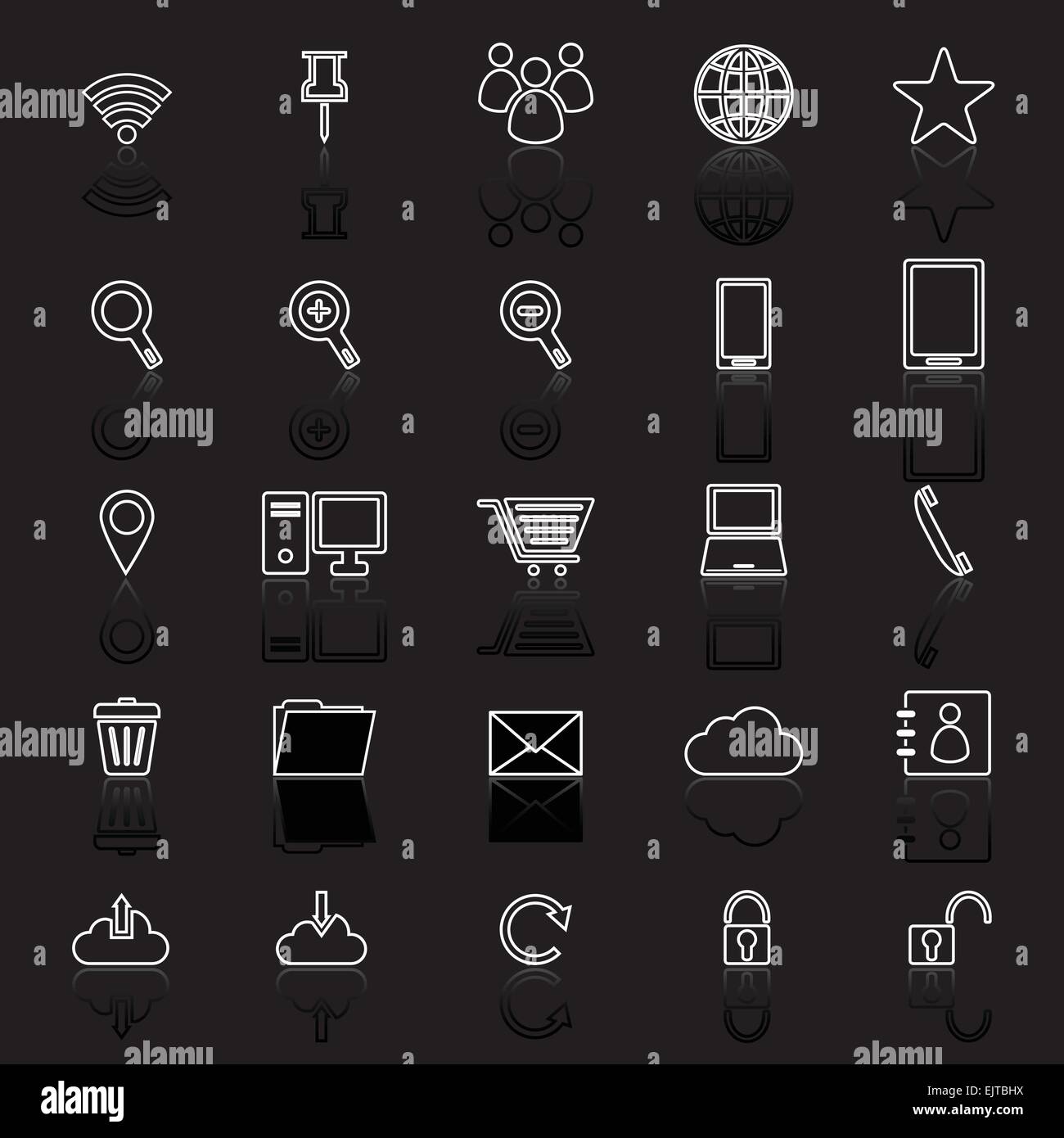 Internet line icons with reflect on black background, stock vector ...