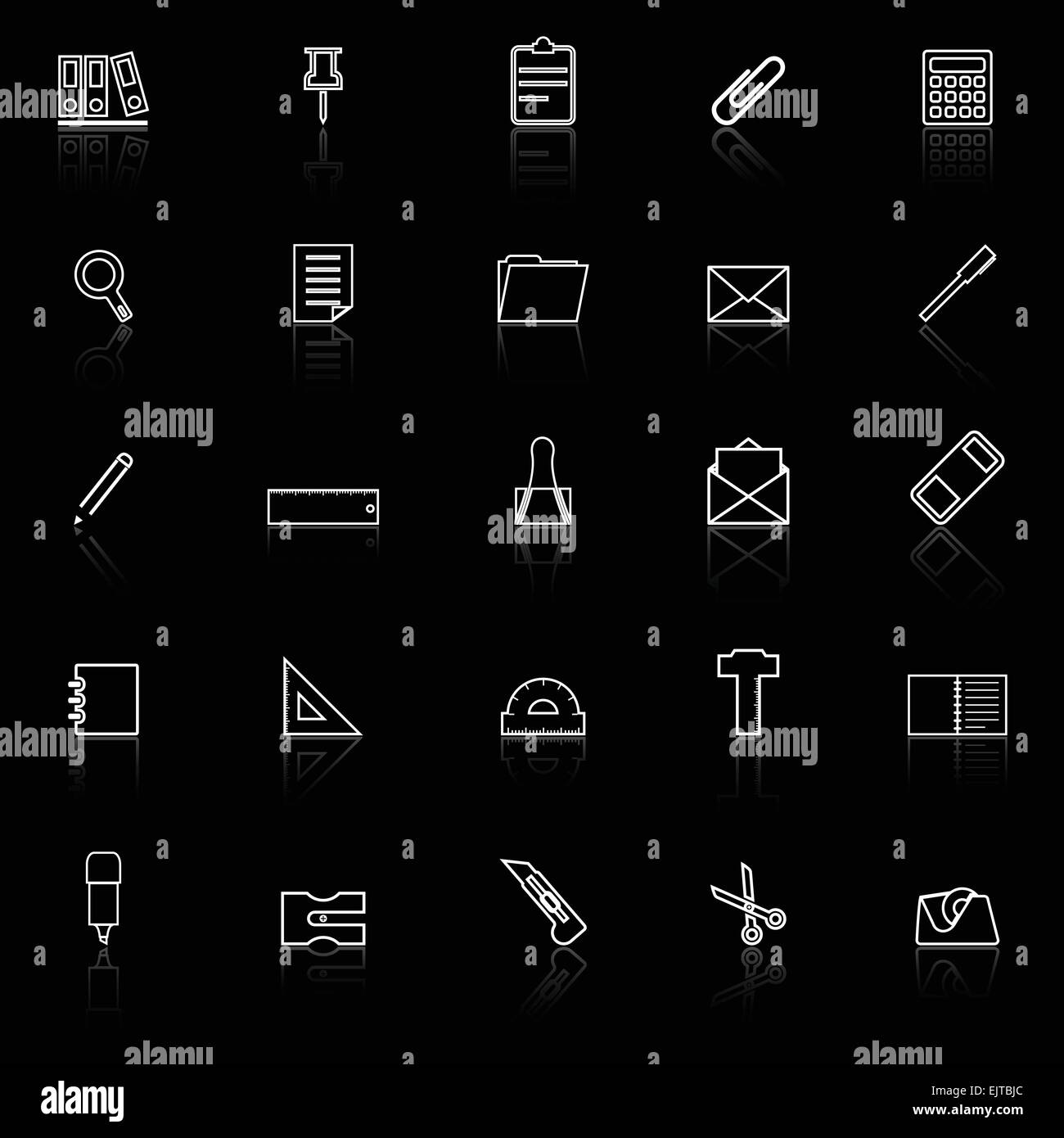 Stationery line icons with reflect on black background, stock vector ...