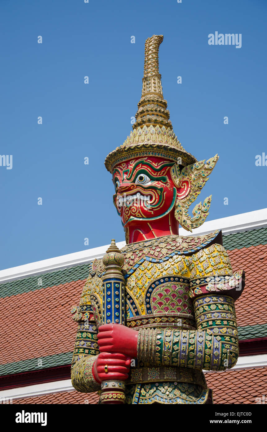 The red demon is Thai classic sculpture landmark in royal palace, Bangkok, Thailand. Stock Photo