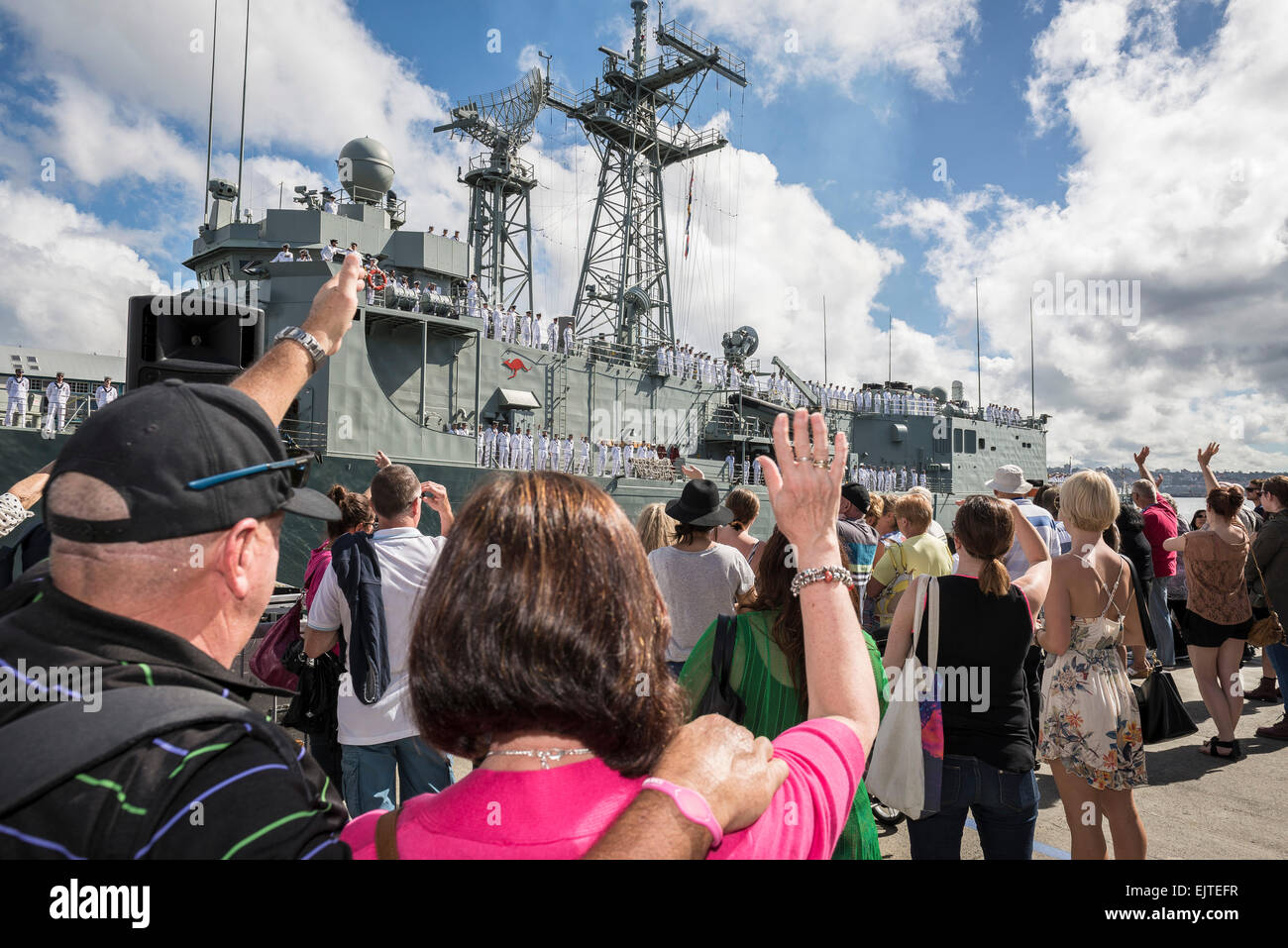 Sydney, AUSTRALIA - April 01, 2015: Family and friends farewelled frigate HMAS Newcastle, at Garden Island Naval Base, Sydney. Credit:  MediaServicesAP/Alamy Live News Stock Photo