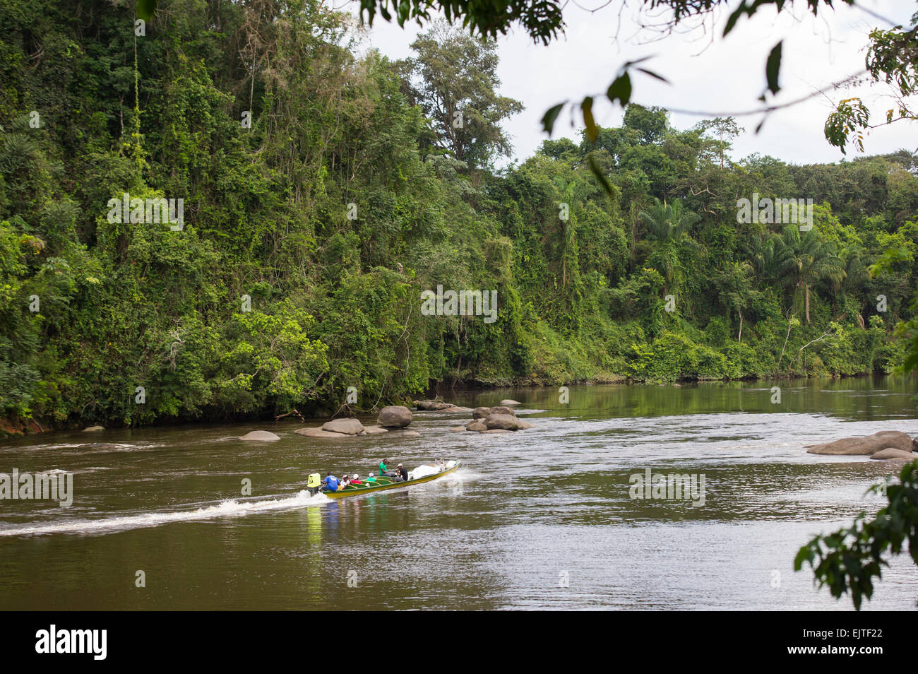 Boat on the Upper Suriname River, Suriname Stock Photo