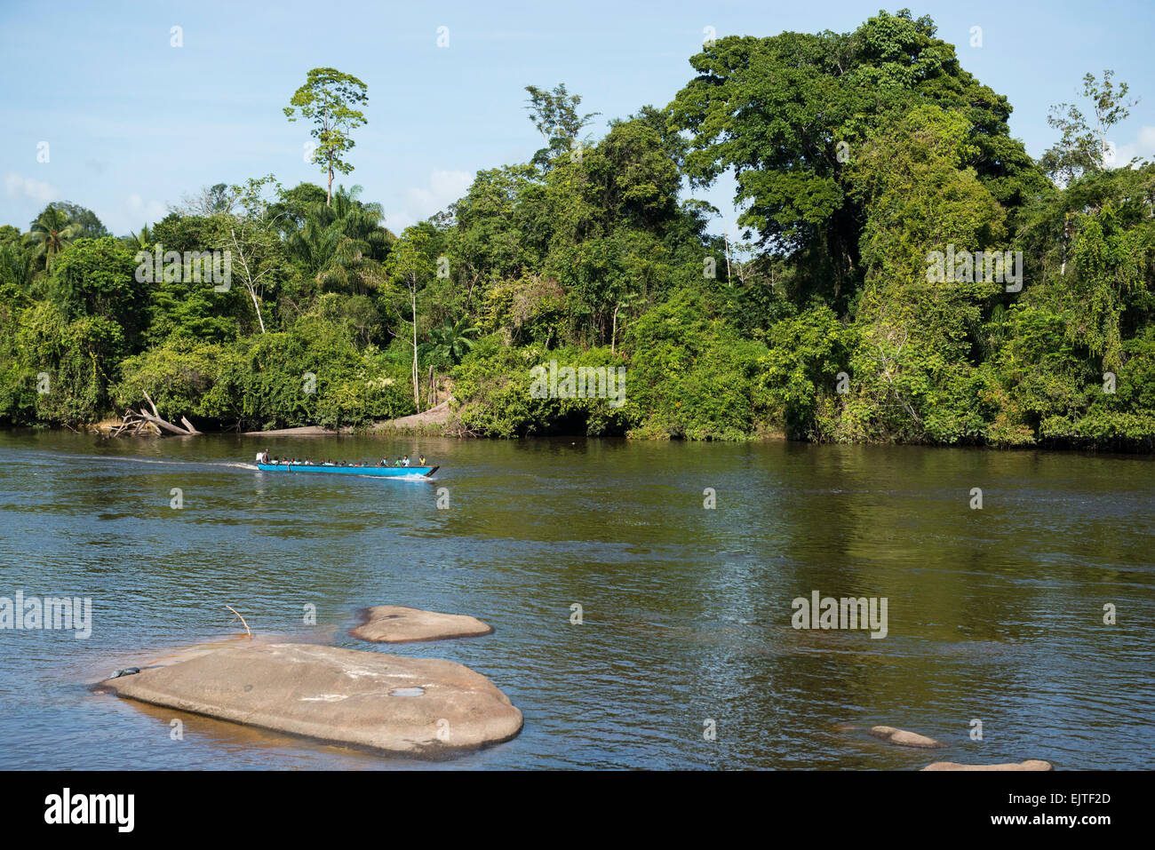 School boat on the Upper Suriname River, Suriname Stock Photo
