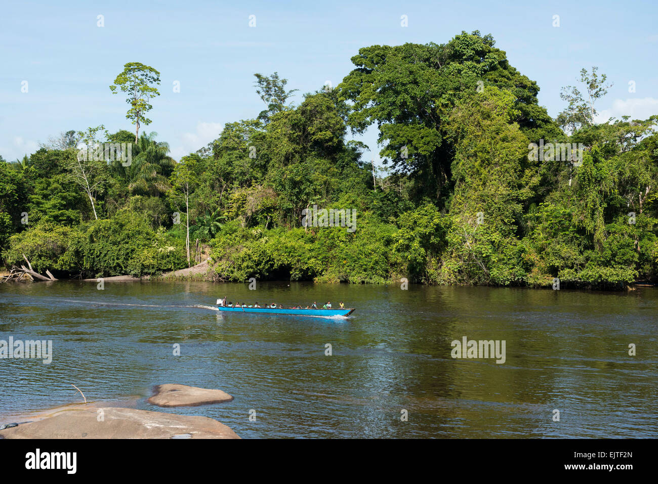 School boat on the Upper Suriname River, Suriname Stock Photo