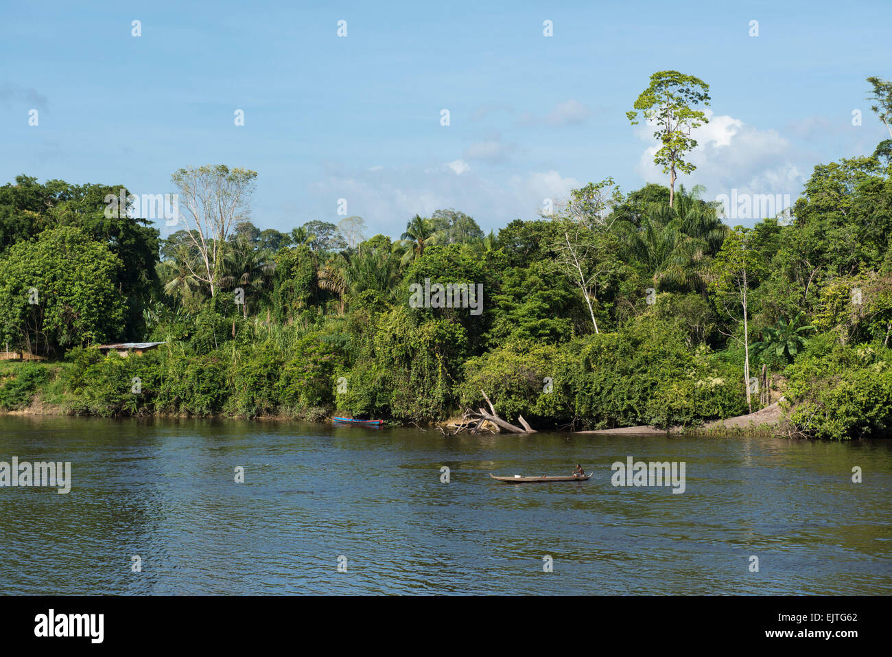 Maroon fisherman canoeing on the Upper Suriname River, Suriname Stock Photo