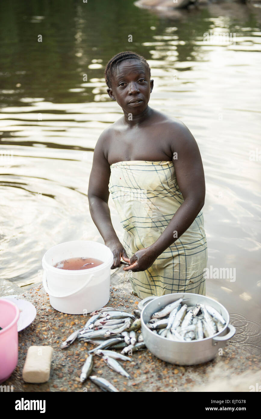 Maroon woman cleaning fish at the Upper Suriname River, Suriname Stock Photo