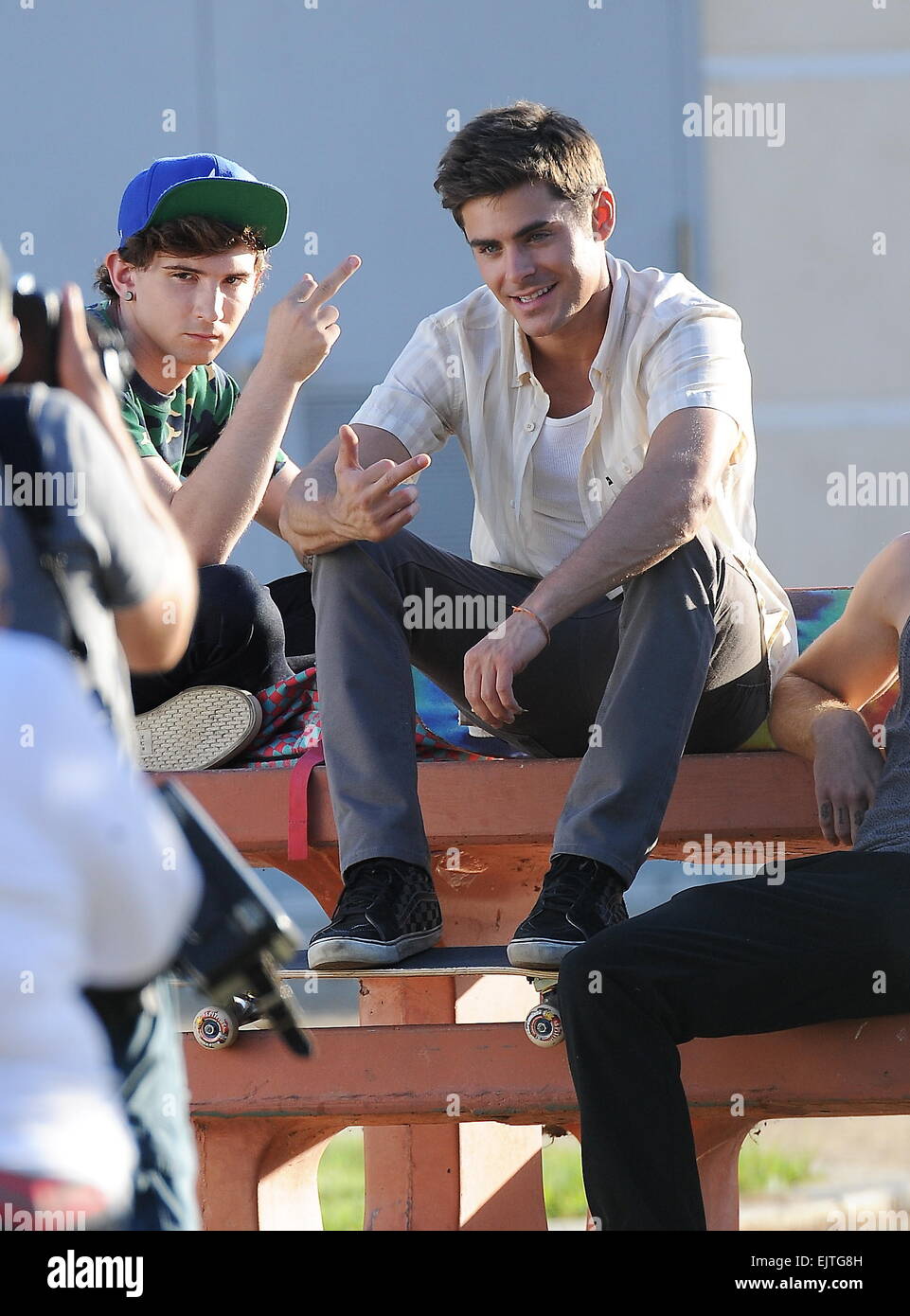Actor Zac Efron filming a scene for his new movie 'We Are Your Friends'. In  the scene he is seen smoking a fake marijuana joint and acting out a drug  deal in