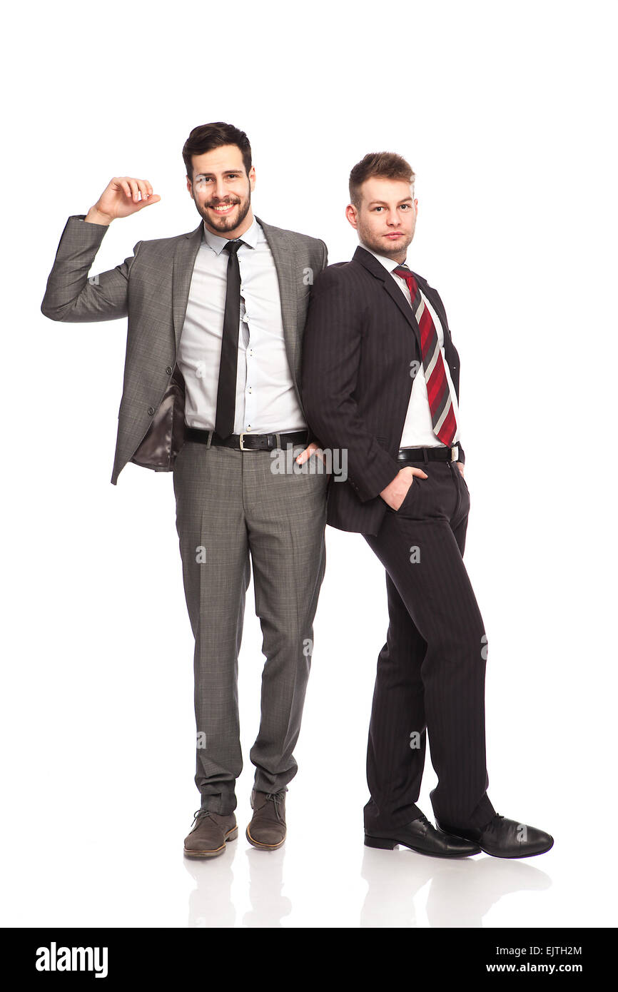 businessmen leans his hand on one side imaginary on white Stock Photo