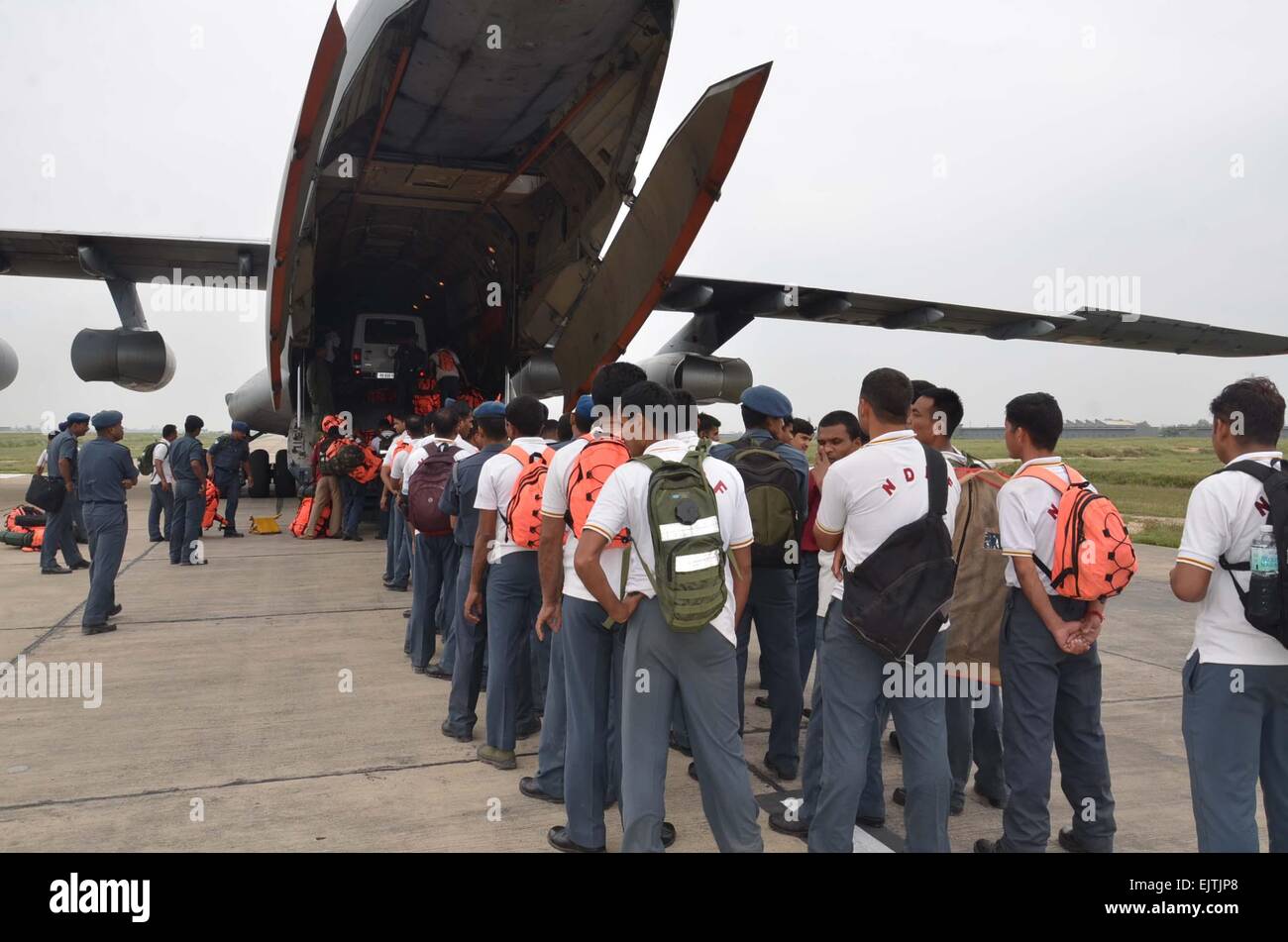 Kolkata, India. 30th Mar, 2015. National Disaster Relief Force (NDRF) team with relief material, flown to flood alerted J&K from Bathinda Air Base. © Bhaskar Mallick/Pacific Press/Alamy Live News Stock Photo