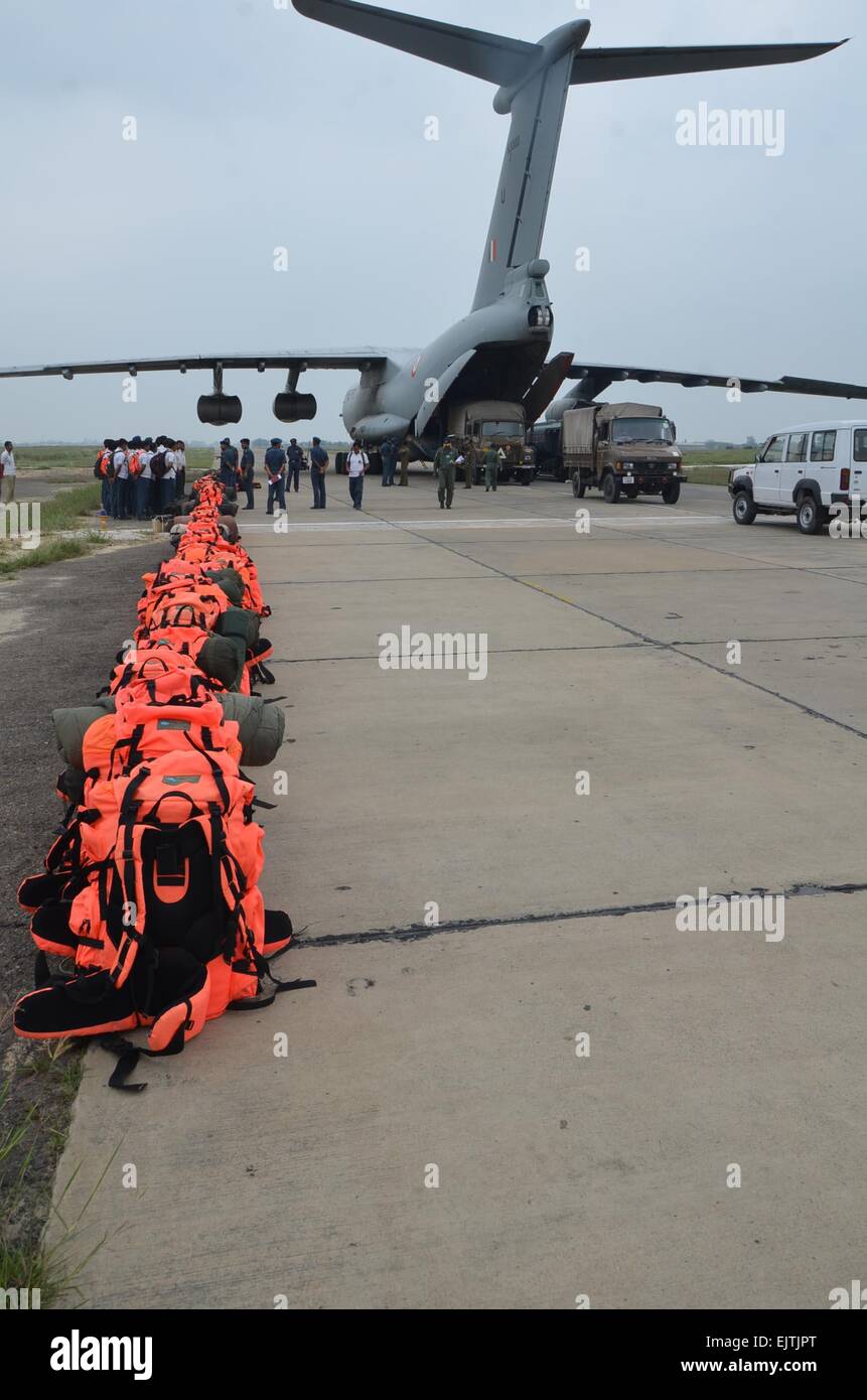 Kolkata, India. 30th Mar, 2015. National Disaster Relief Force (NDRF) team with relief material, flown to flood alerted J&K from Bathinda Air Base. © Bhaskar Mallick/Pacific Press/Alamy Live News Stock Photo