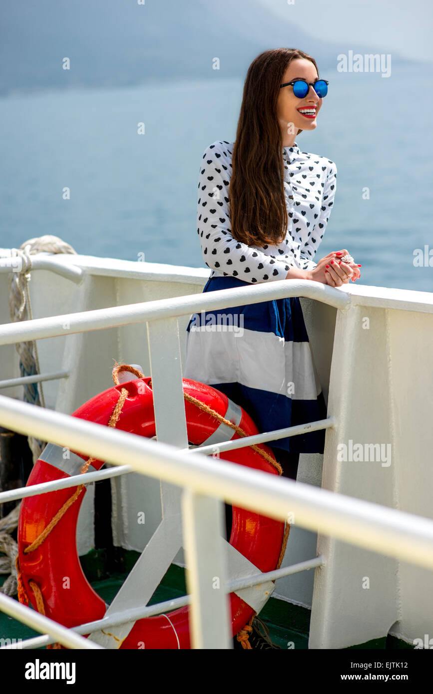 Woman on cruise liner or ferry Stock Photo