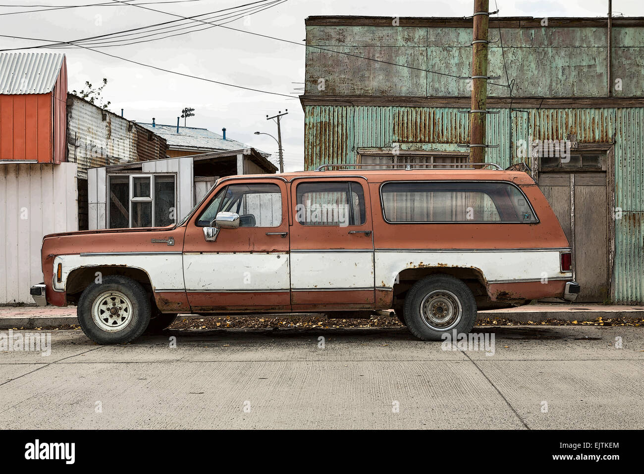Manipulated image of a Chevrolet Suburban K10 400 Silverado, late 1970s/early 1980s.  Puerto Natales, Chile Stock Photo