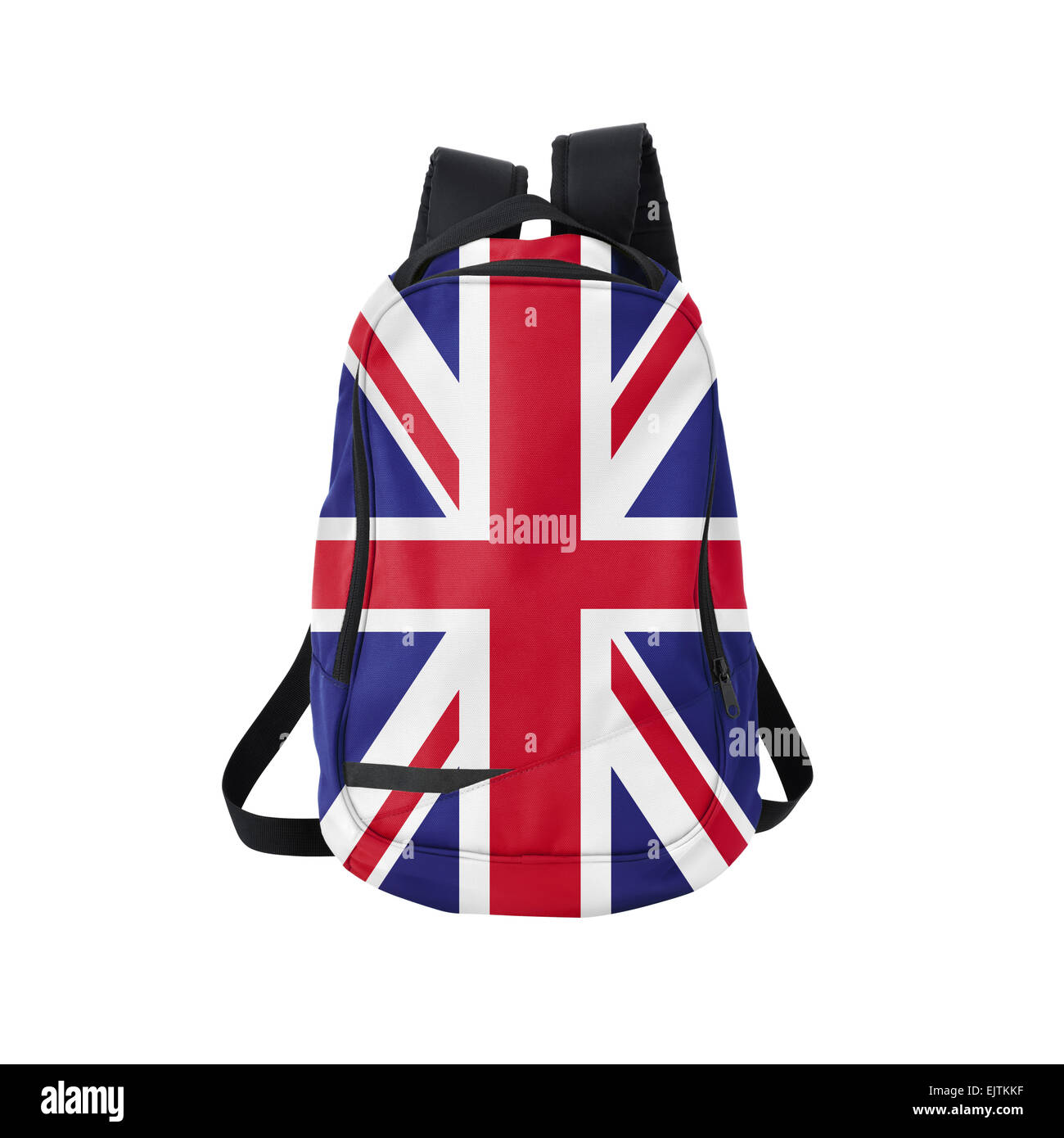 British flag backpack isolated on white background. Back to school concept. Education and study abroad. Travel and tourism in UK Stock Photo
