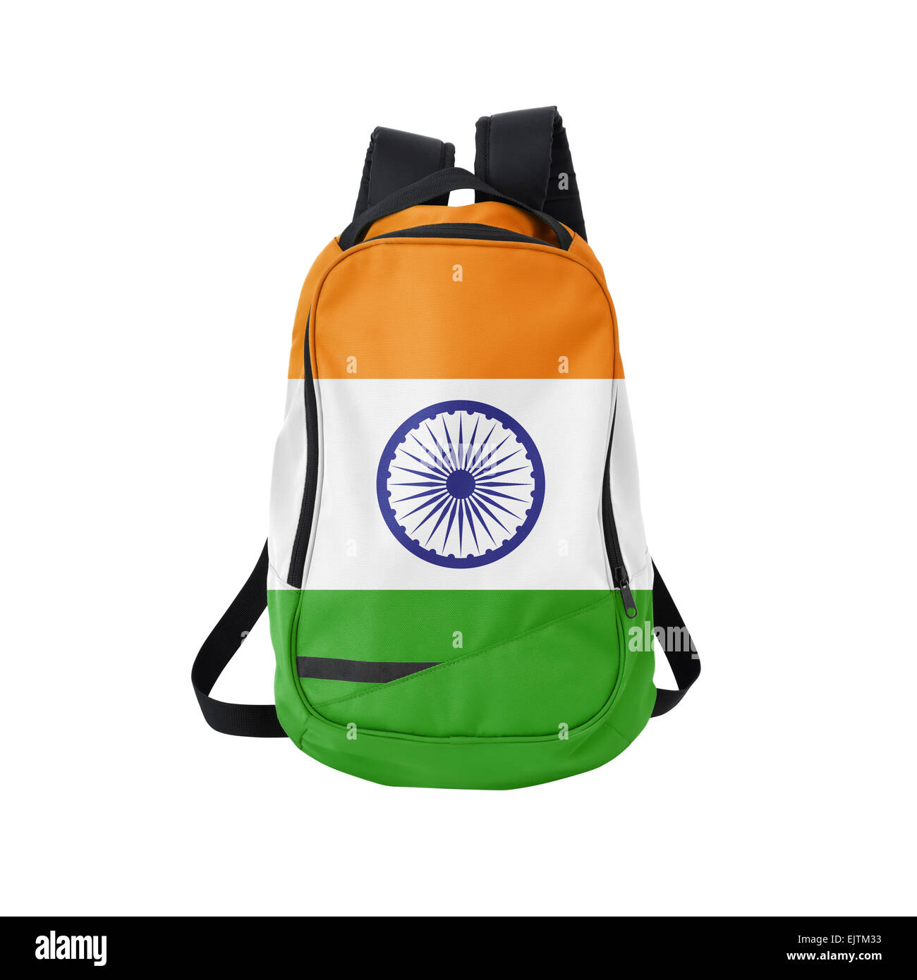 India flag backpack isolated on white background. Back to school concept. Education and study abroad. Travel and tourism in Indi Stock Photo
