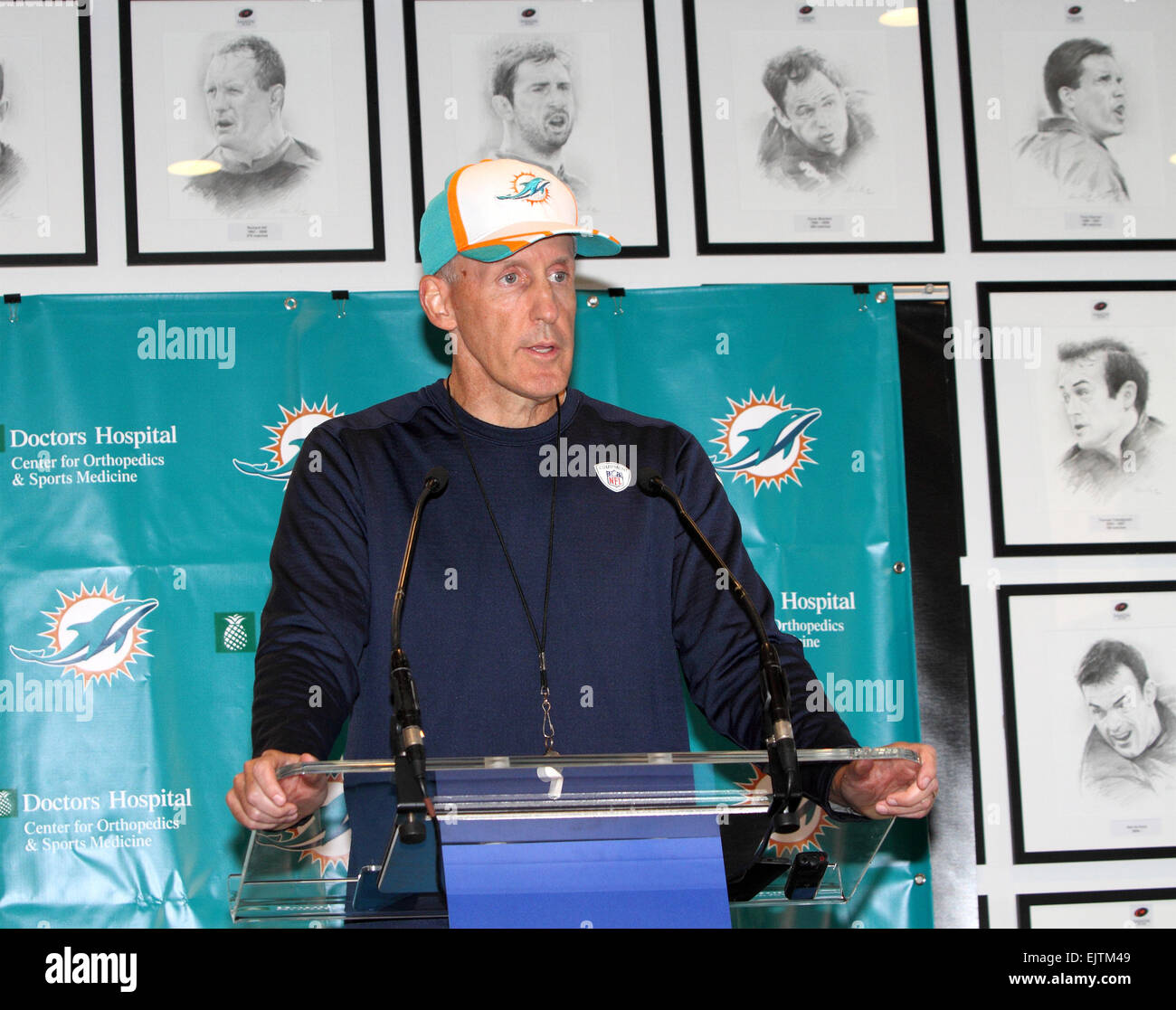 Miami Dolphins Press Conference and Practice at Saracens Rugby Club, North London. Miami jetted in early Friday and are here to play in the latest NFL International Series game at Wembley Stadium on Sunday vs Oakland Rider Featuring: Joe Philbin Where: Lo Stock Photo