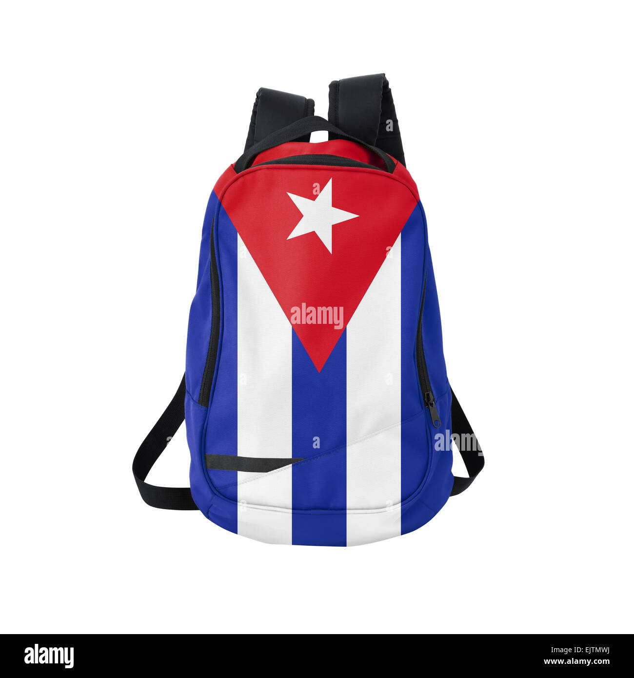 Cuba flag backpack isolated on white background. Back to school concept. Education and study abroad. Travel and tourism in Cuba Stock Photo