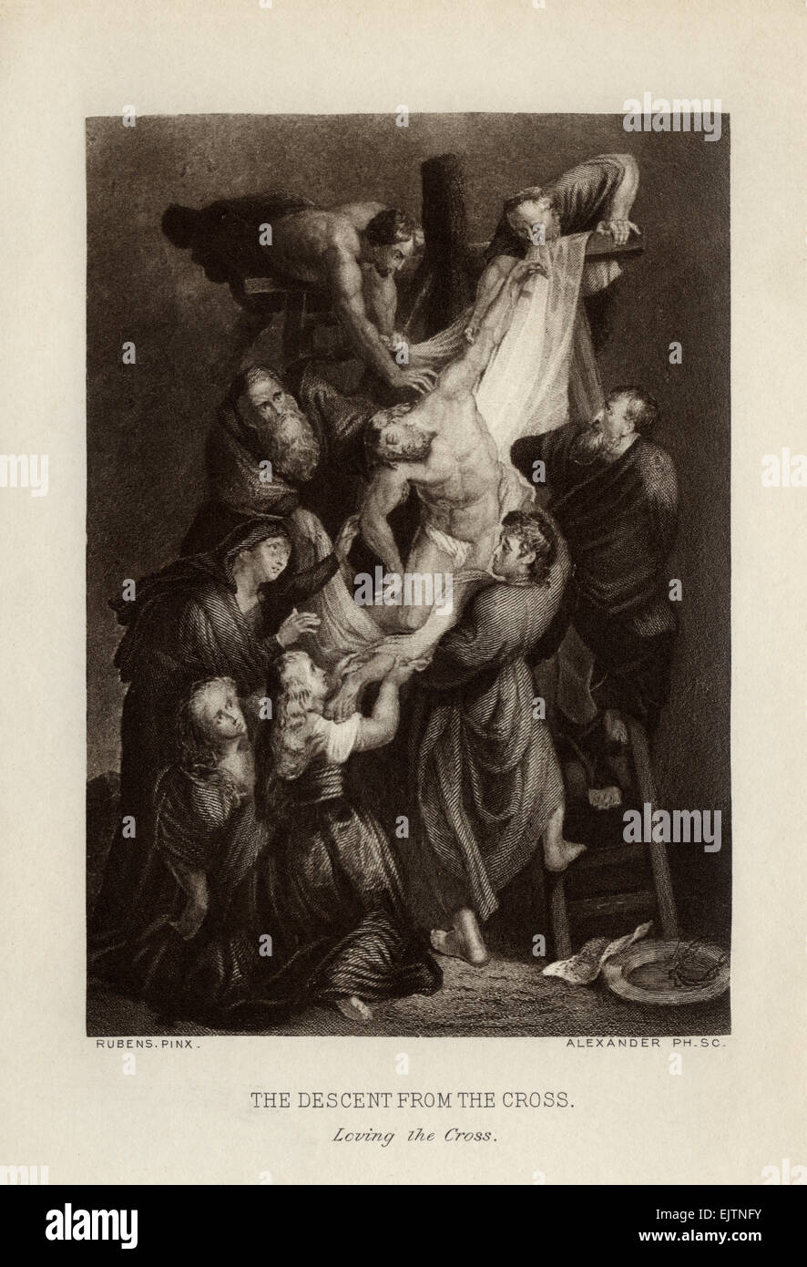 Photogravure from the painting “The Descent from the Cross” by Dutch Baroque artist Peter Paul Rubens 1577-1640 Stock Photo