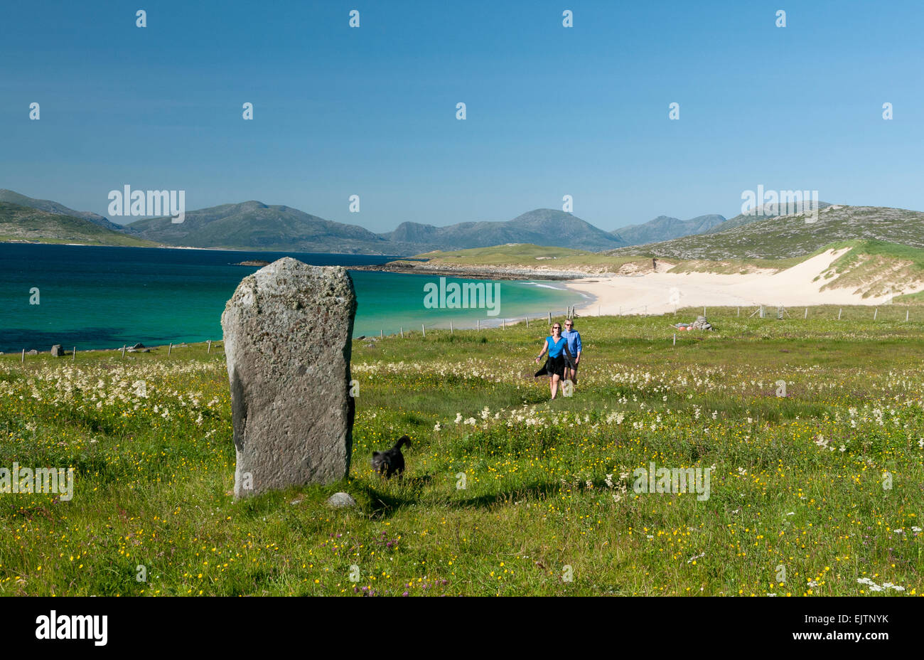 clach steineagaidh standing stone with machair isle of harris Stock Photo