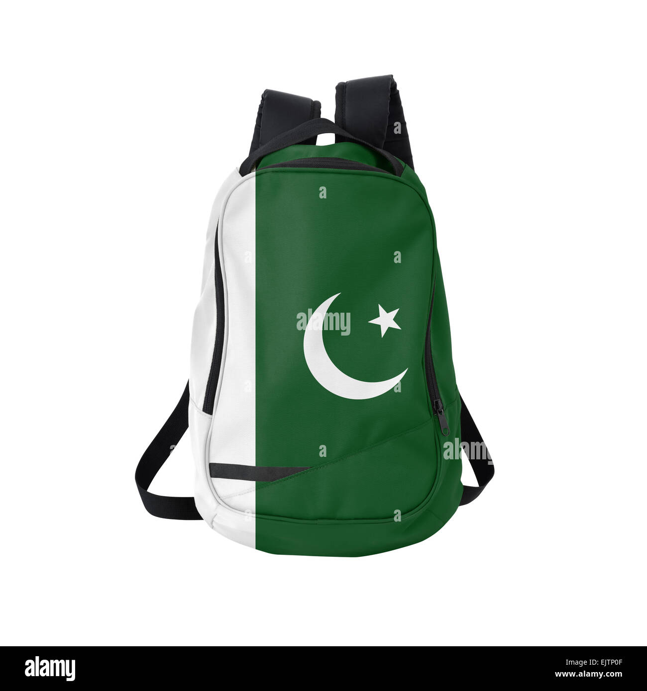 Pakistani flag backpack isolated on white background. Back to school concept. Education and study abroad. Travel and tourism Stock Photo