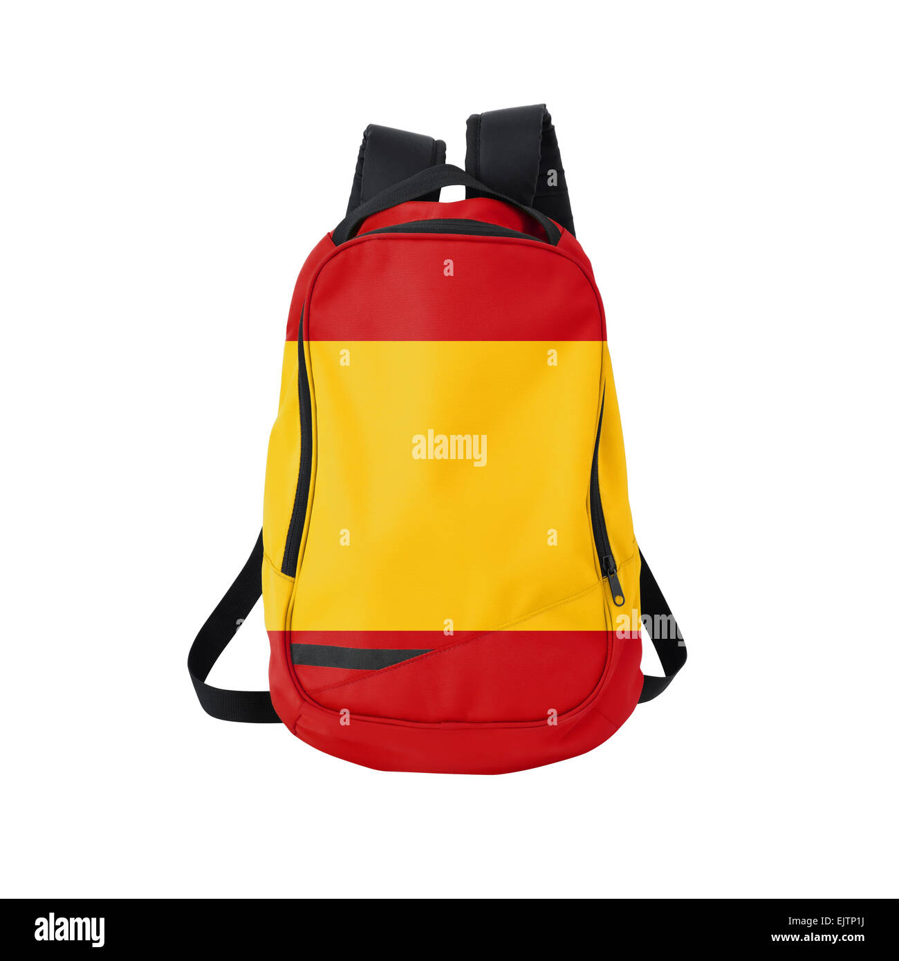 Spanish flag backpack isolated on white background. Back to school concept. Education and study abroad. Travel and tourism Stock Photo