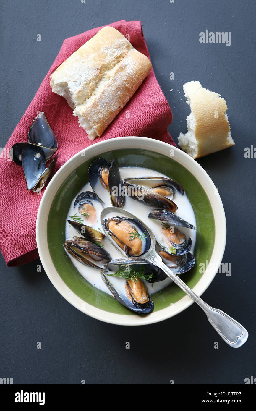 Mussel soup with saffron and cream sauce Stock Photo Alamy