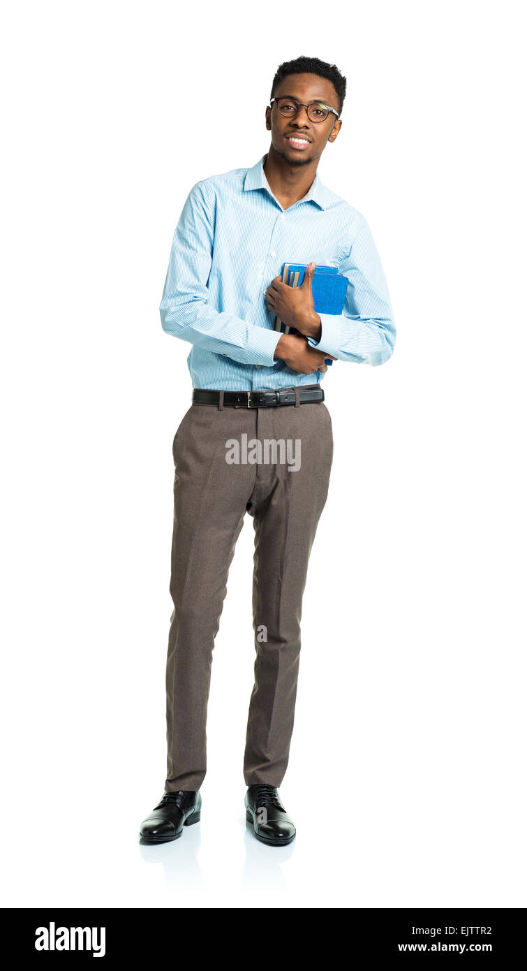 Happy african american college student with books standing on white background Stock Photo