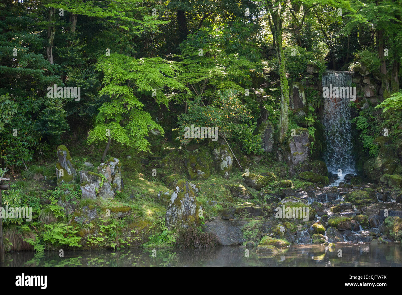 The midori-no-taki waterfall at Kenrokuen Garden, Japan, in early summer. Stock Photo