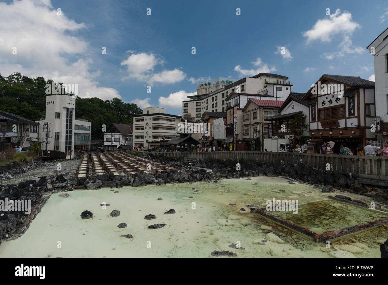 The 'yubatake' (hot water field) at the central plaza of Kusatsu Onsen, Gunma Prefecture. Stock Photo