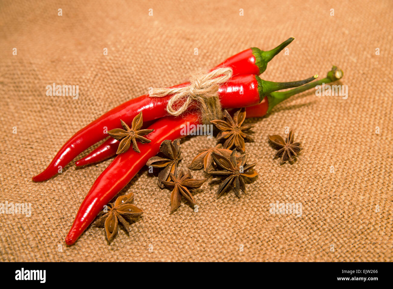 Three Chile peppers tied with a rope and star anise fruits on old cloth ...