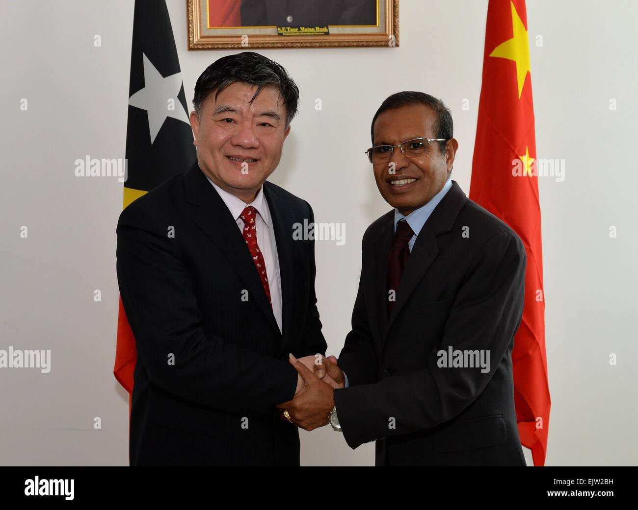 (150401) -- DILI, April 1, 2015 (Xinhua) -- Chen Zhu, vice chairman of the Standing Committee of China's 12th National People's Congress (NPC), meets with Timor-Leste's President Taur Matan Ruak in Dili, Timor-Leste, April 1, 2015. (Xinhua/He Changshan) Stock Photo