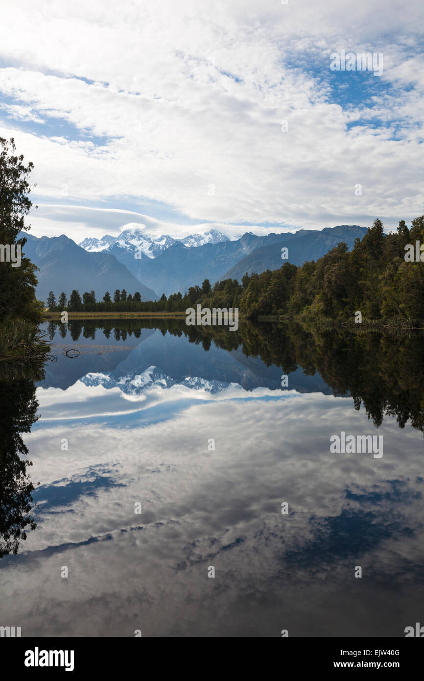 Reflections of Aoraki/Mk Cook at Lake Matheson, Fox Glacier, South Island, New Zealand Stock Photo