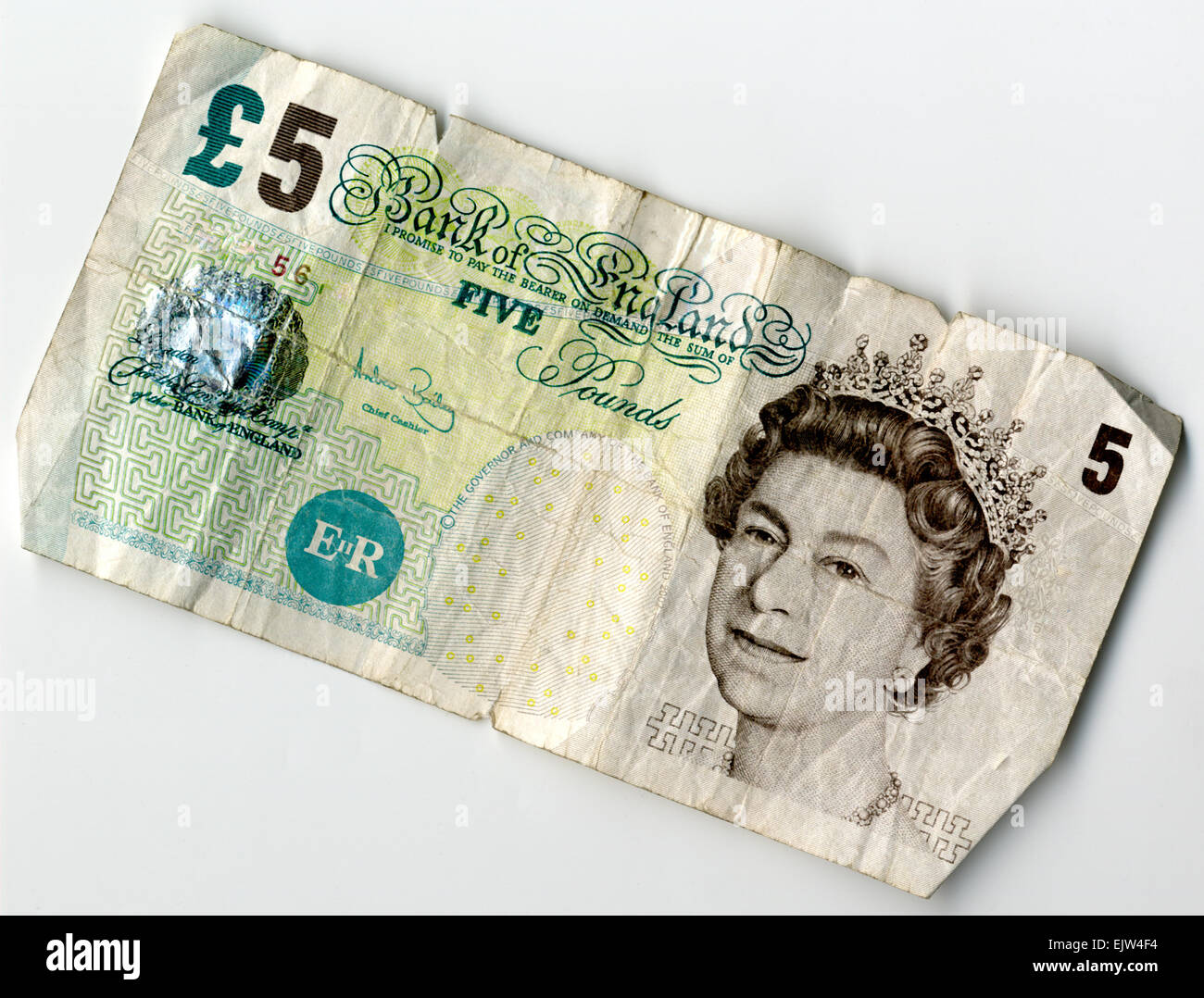 Used Old £5 Pound Note, front view Stock Photo