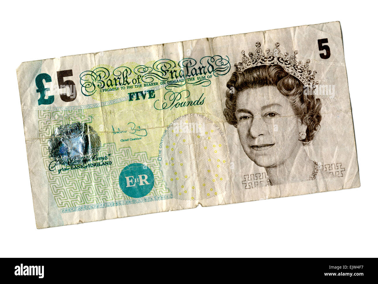 Used Old £5 Pound Note, front view Stock Photo