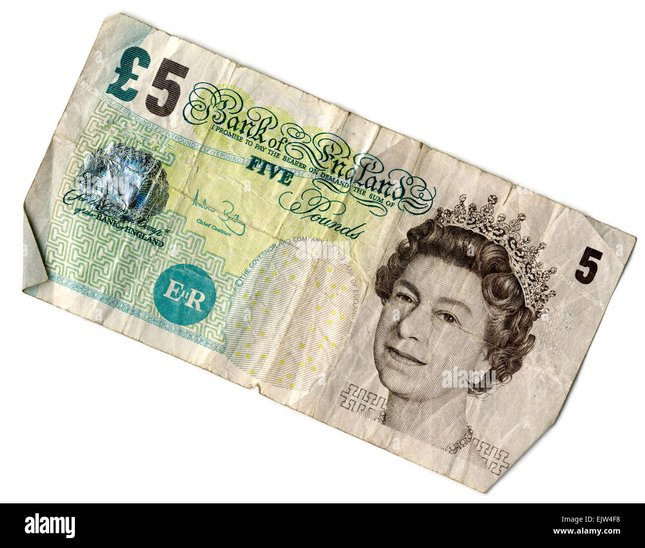 Used Old £5 Pound Note, front view Stock Photo