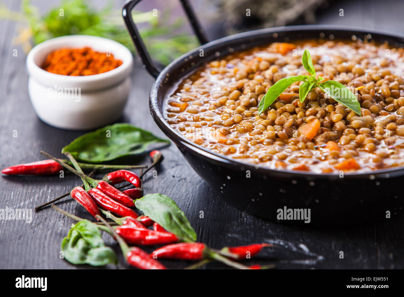 Indian style lentil soup with red hot chili pepper Stock Photo Alamy