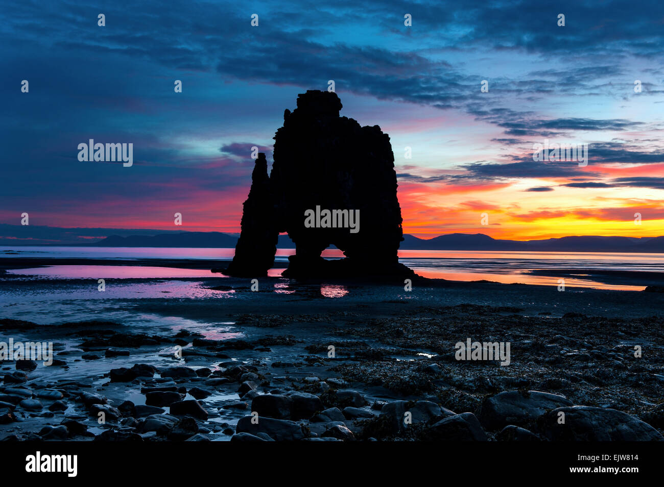 Hvitserkur at sunrise. A 15 m. high basalt sea stack along the eastern ...
