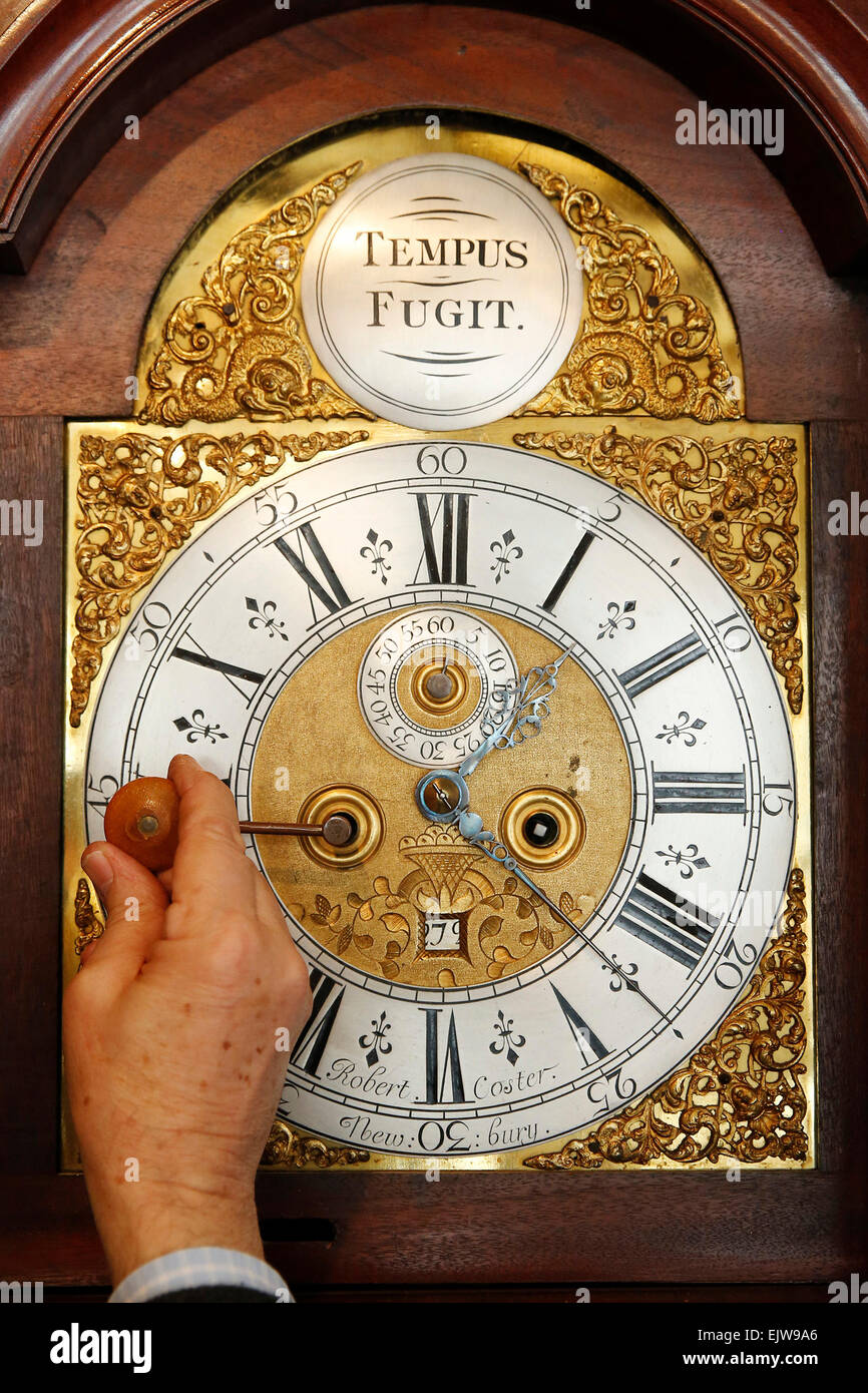 Clock restorer winds antique grandfather clocks in Midhurst, West Sussex Stock Photo