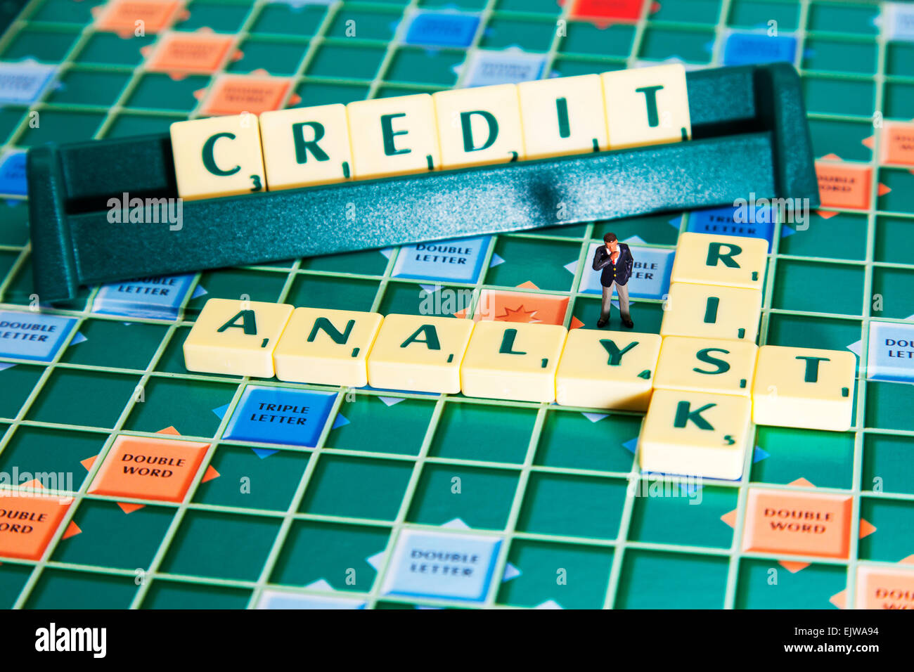 risk analyst calculates the credit creditworthiness of businesses words using scrabble tiles to spell out financial business is Stock Photo