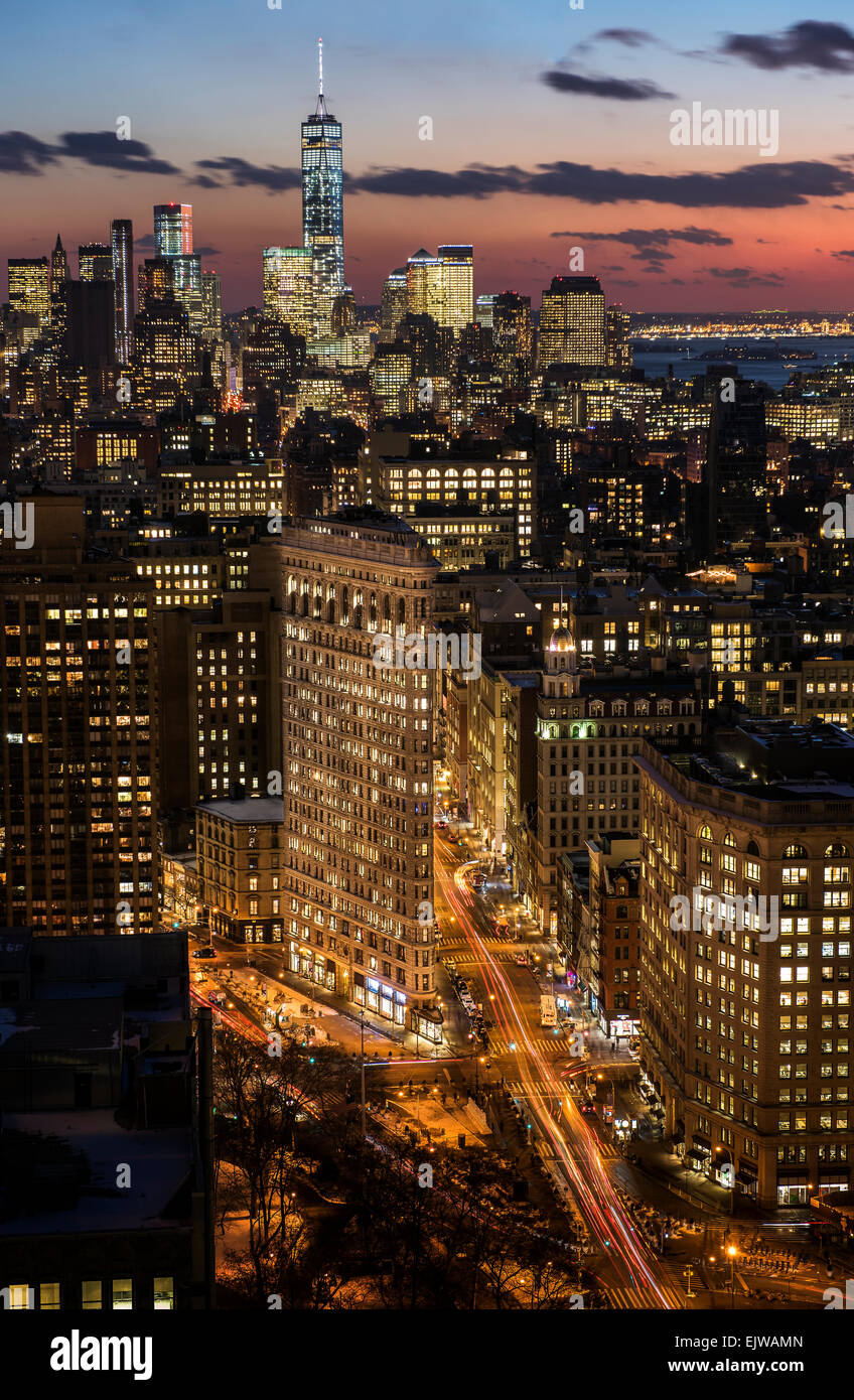 USA, New York City, Downtown skyline at dusk Stock Photo