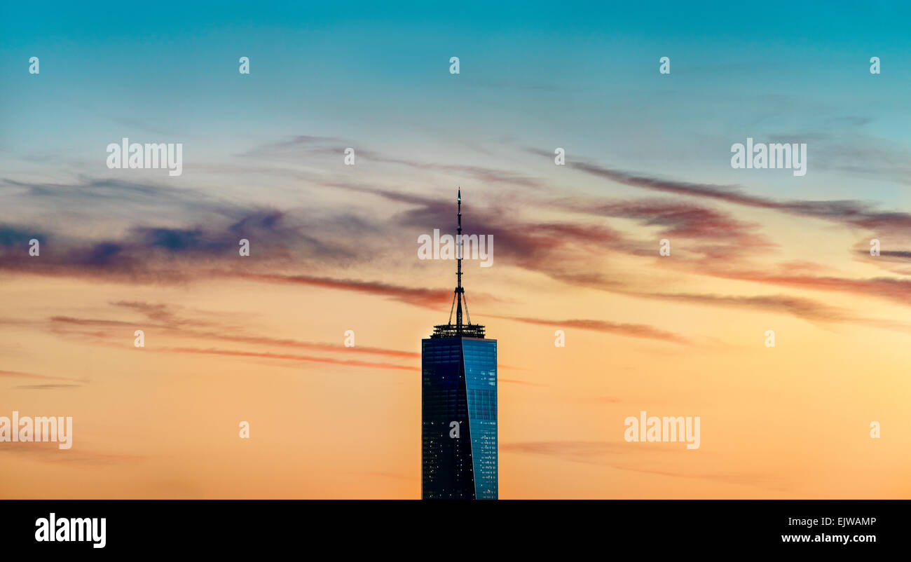 USA, New York City, Freedom tower with sunset sky Stock Photo